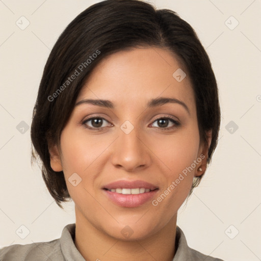 Joyful white young-adult female with medium  brown hair and brown eyes