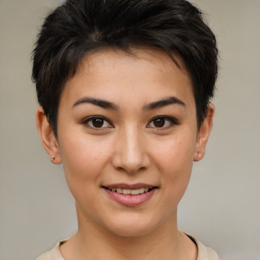 Joyful asian young-adult female with short  brown hair and brown eyes