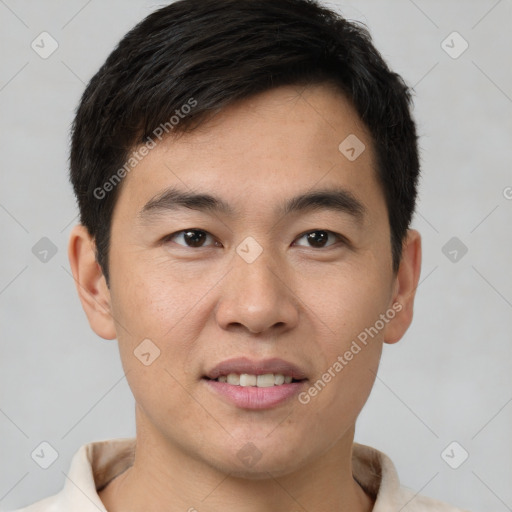 Joyful white young-adult male with short  brown hair and brown eyes