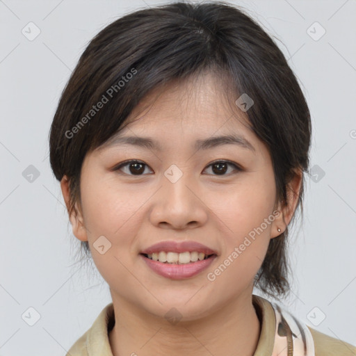 Joyful white young-adult female with medium  brown hair and brown eyes