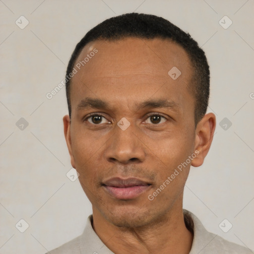 Neutral black adult male with short  black hair and brown eyes
