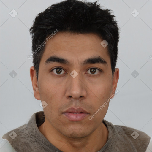 Neutral asian young-adult male with short  black hair and brown eyes
