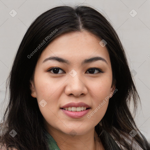 Joyful asian young-adult female with long  brown hair and brown eyes