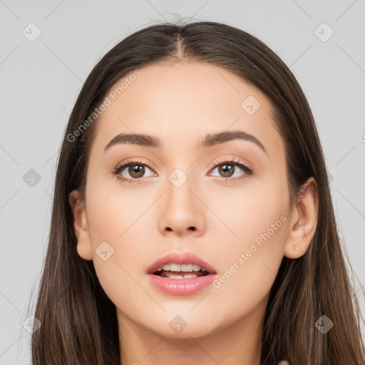 Neutral white young-adult female with long  brown hair and brown eyes