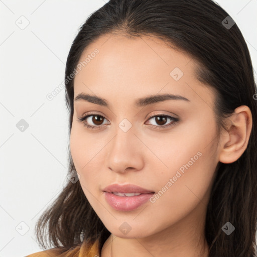 Neutral white young-adult female with long  brown hair and brown eyes