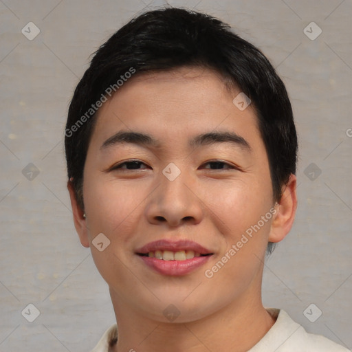 Joyful asian young-adult female with short  brown hair and brown eyes