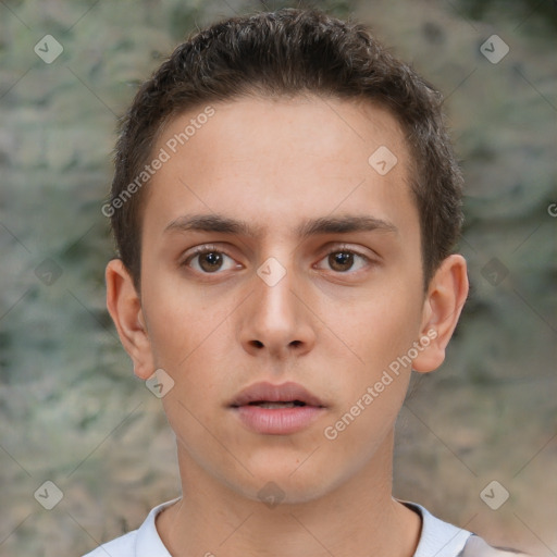 Neutral white young-adult male with short  brown hair and brown eyes
