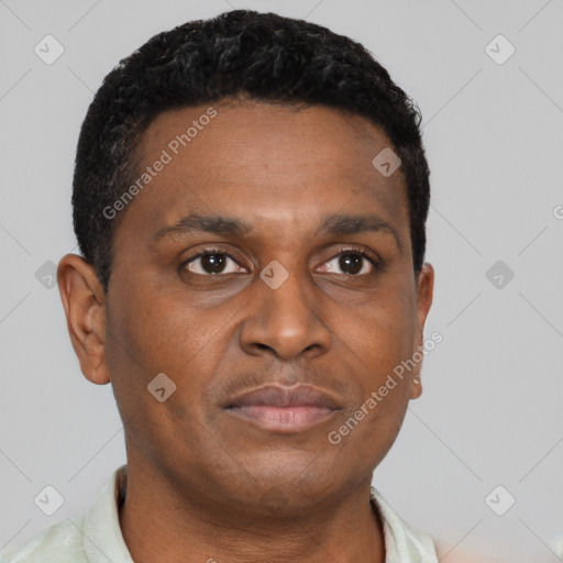 Neutral black young-adult male with short  brown hair and brown eyes