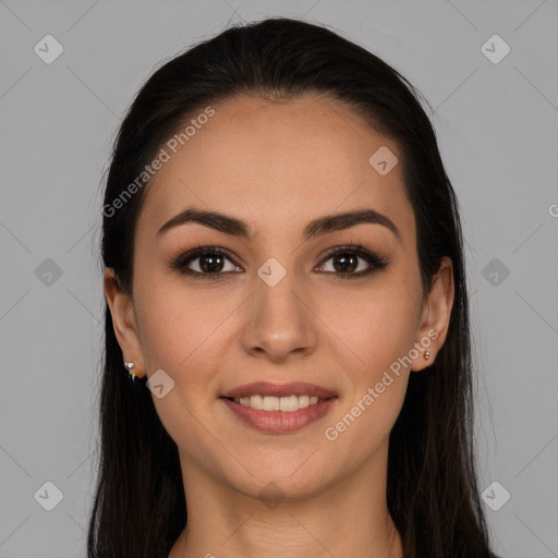 Joyful white young-adult female with long  brown hair and brown eyes