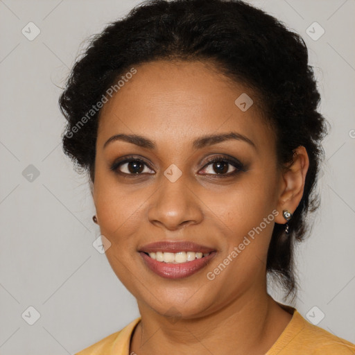 Joyful black young-adult female with medium  brown hair and brown eyes