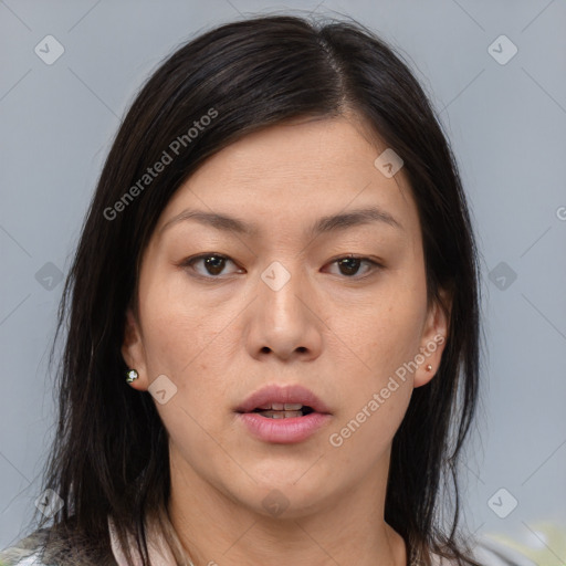 Neutral asian young-adult female with medium  brown hair and brown eyes