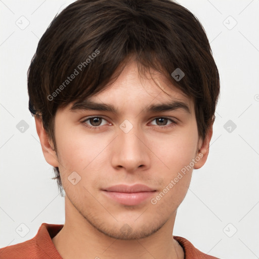 Neutral white young-adult male with short  brown hair and brown eyes