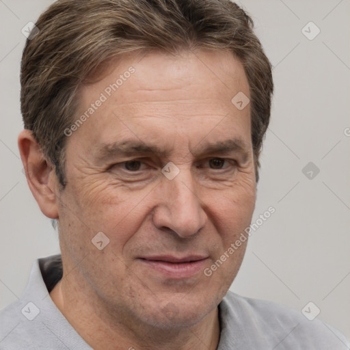 Joyful white middle-aged male with short  brown hair and brown eyes