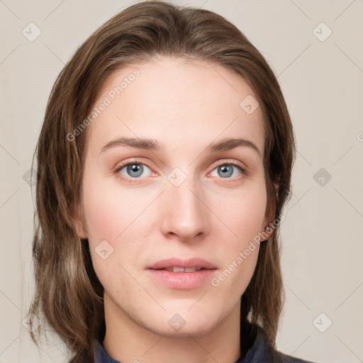 Neutral white young-adult female with medium  brown hair and grey eyes