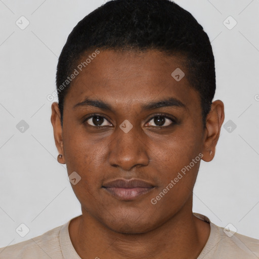 Neutral black young-adult male with short  black hair and brown eyes
