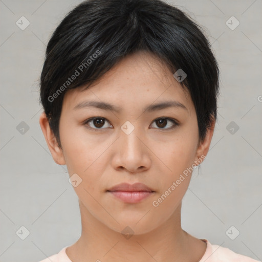 Neutral asian young-adult female with short  brown hair and brown eyes