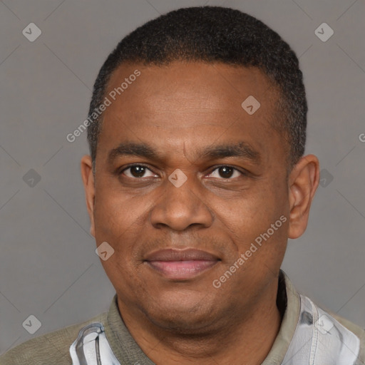 Joyful latino adult male with short  brown hair and brown eyes