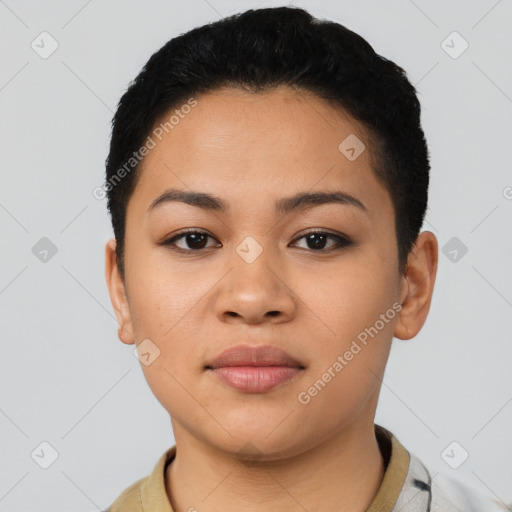 Neutral latino young-adult female with short  black hair and brown eyes