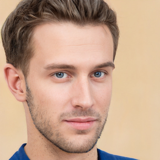 Neutral white young-adult male with short  brown hair and grey eyes