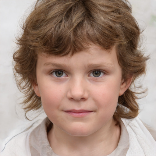 Joyful white child female with medium  brown hair and grey eyes