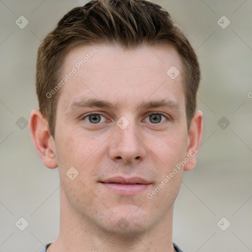 Neutral white young-adult male with short  brown hair and grey eyes