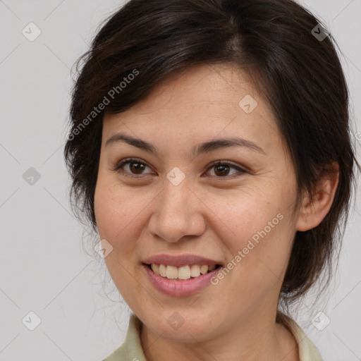 Joyful white adult female with medium  brown hair and brown eyes