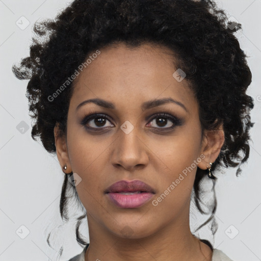 Neutral black young-adult female with medium  black hair and brown eyes