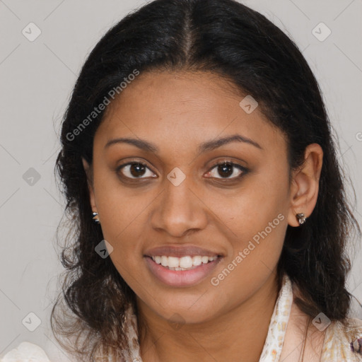 Joyful latino young-adult female with medium  brown hair and brown eyes