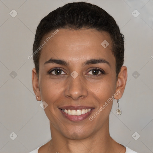 Joyful white young-adult female with short  brown hair and brown eyes