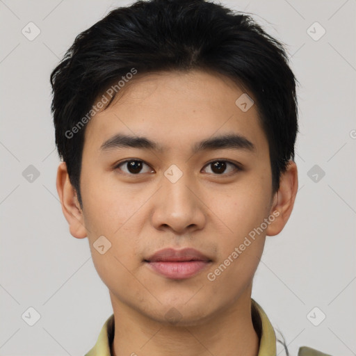 Joyful asian young-adult male with short  black hair and brown eyes