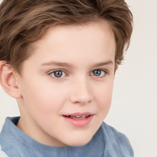 Joyful white child female with short  brown hair and brown eyes