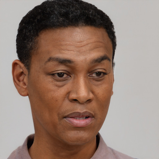 Neutral black adult male with short  black hair and brown eyes