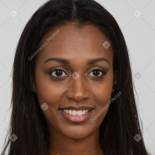 Joyful asian young-adult female with long  brown hair and brown eyes