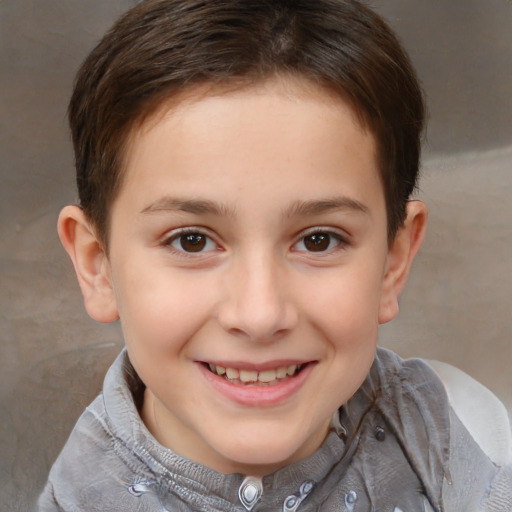 Joyful white child female with short  brown hair and brown eyes