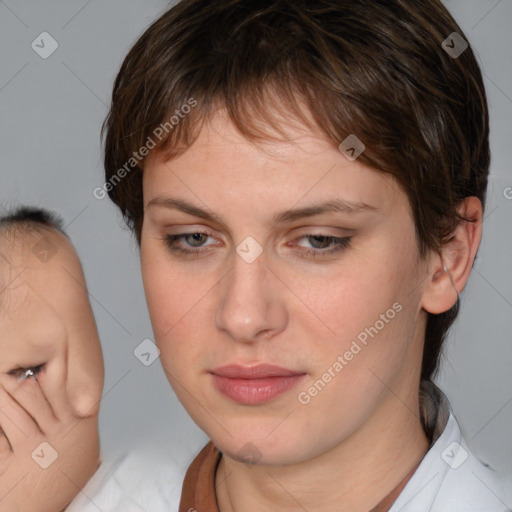 Neutral white adult female with medium  brown hair and brown eyes