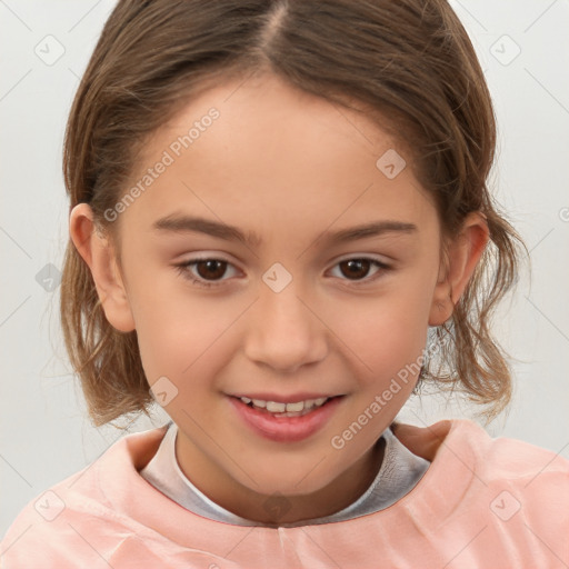 Joyful white child female with medium  brown hair and brown eyes