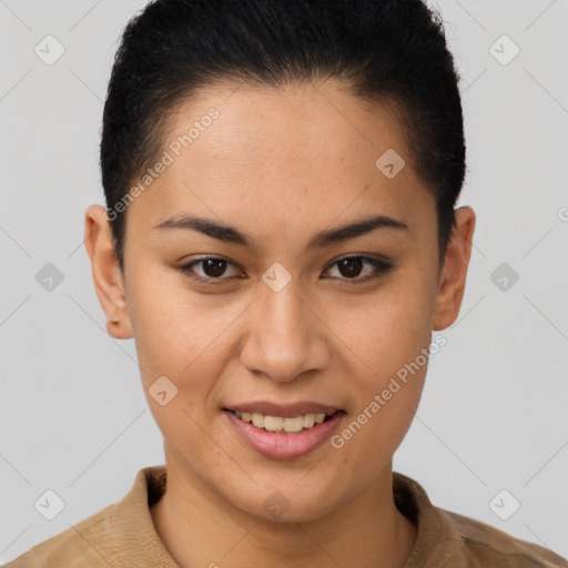 Joyful latino young-adult female with short  brown hair and brown eyes