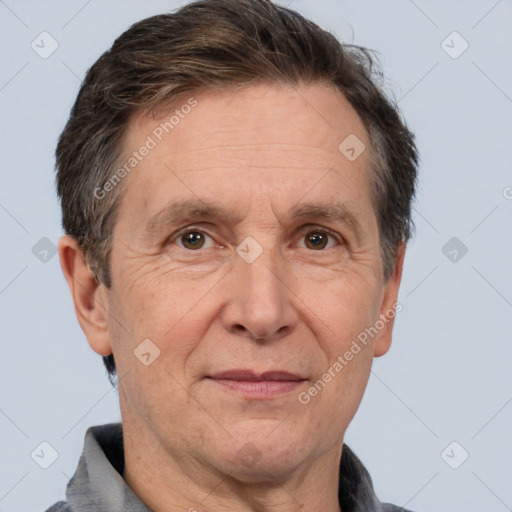 Joyful white middle-aged male with short  brown hair and brown eyes