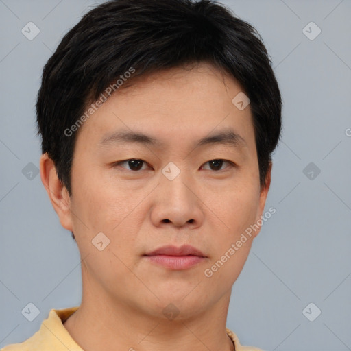 Neutral asian young-adult male with short  brown hair and brown eyes