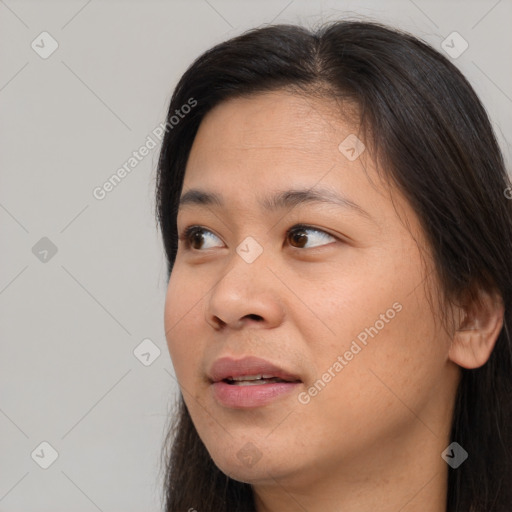 Neutral asian young-adult female with long  brown hair and brown eyes