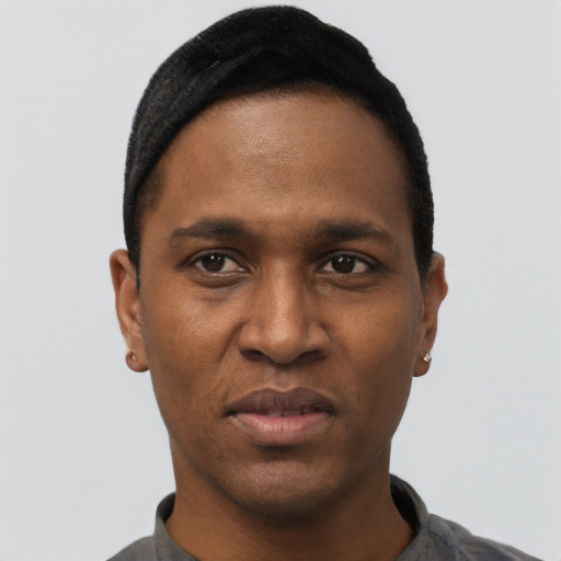 Neutral black young-adult male with short  black hair and brown eyes