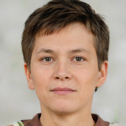 Neutral white young-adult male with short  brown hair and brown eyes