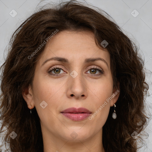 Joyful white young-adult female with long  brown hair and green eyes