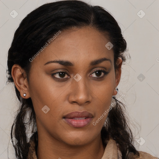 Joyful black young-adult female with medium  brown hair and brown eyes