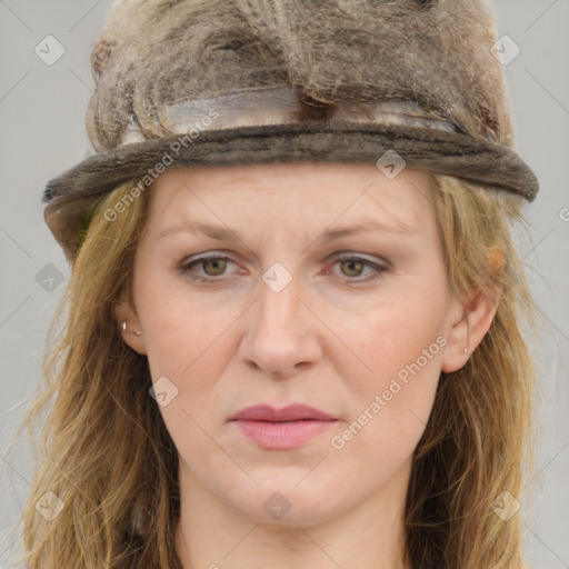 Joyful white adult female with long  brown hair and brown eyes