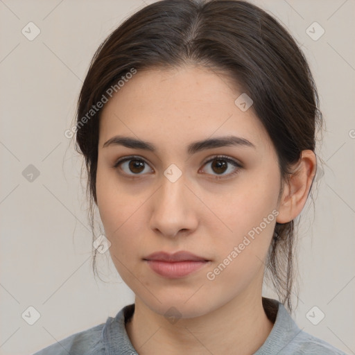 Neutral white young-adult female with medium  brown hair and brown eyes