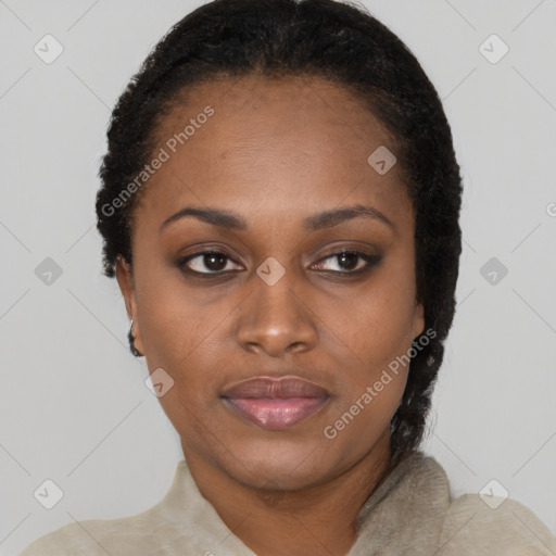 Neutral black young-adult female with short  black hair and brown eyes