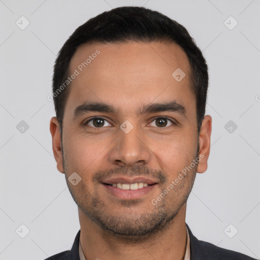 Joyful white young-adult male with short  black hair and brown eyes