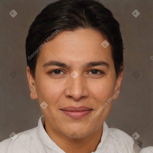 Joyful white adult female with short  brown hair and brown eyes