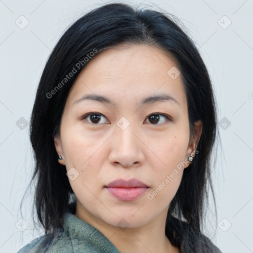 Neutral asian young-adult female with medium  black hair and brown eyes